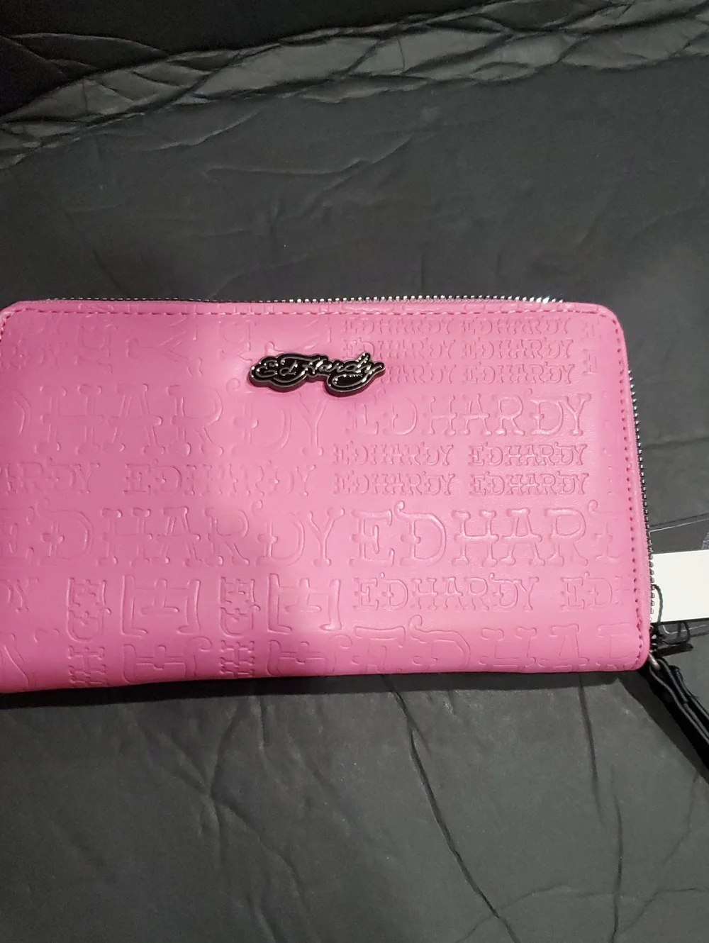 Ed Hardy pink embossed Ed hardy monogram zip around wristlet wallet brand new